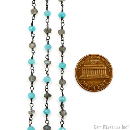 Aqua Chalcedony & Labradorite Faceted Beads 3-3.5mm Oxidized Gemstone Rosary Chain