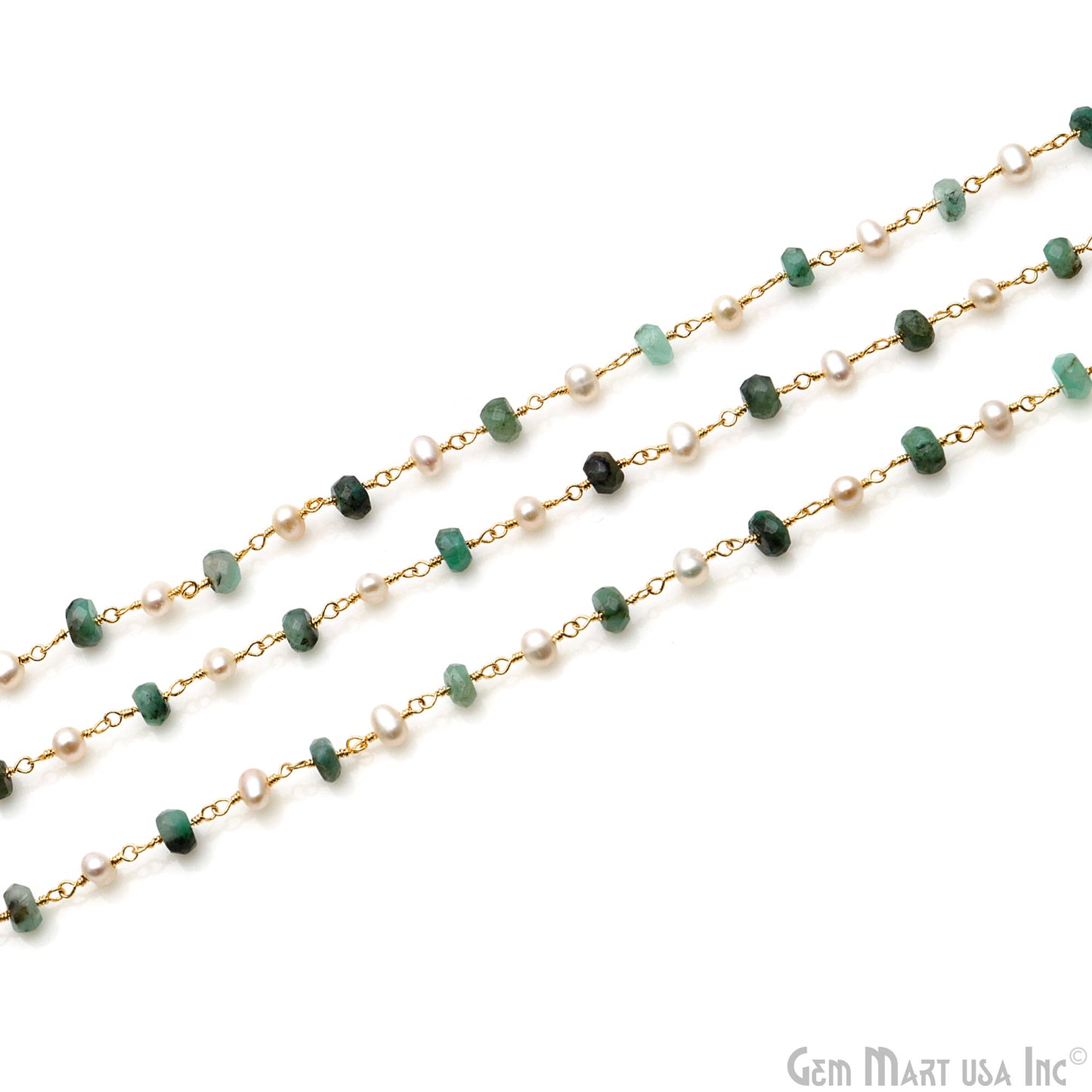 Emerald & Pearl 4-5mm Gold Wire Wrapped Rosary Chain