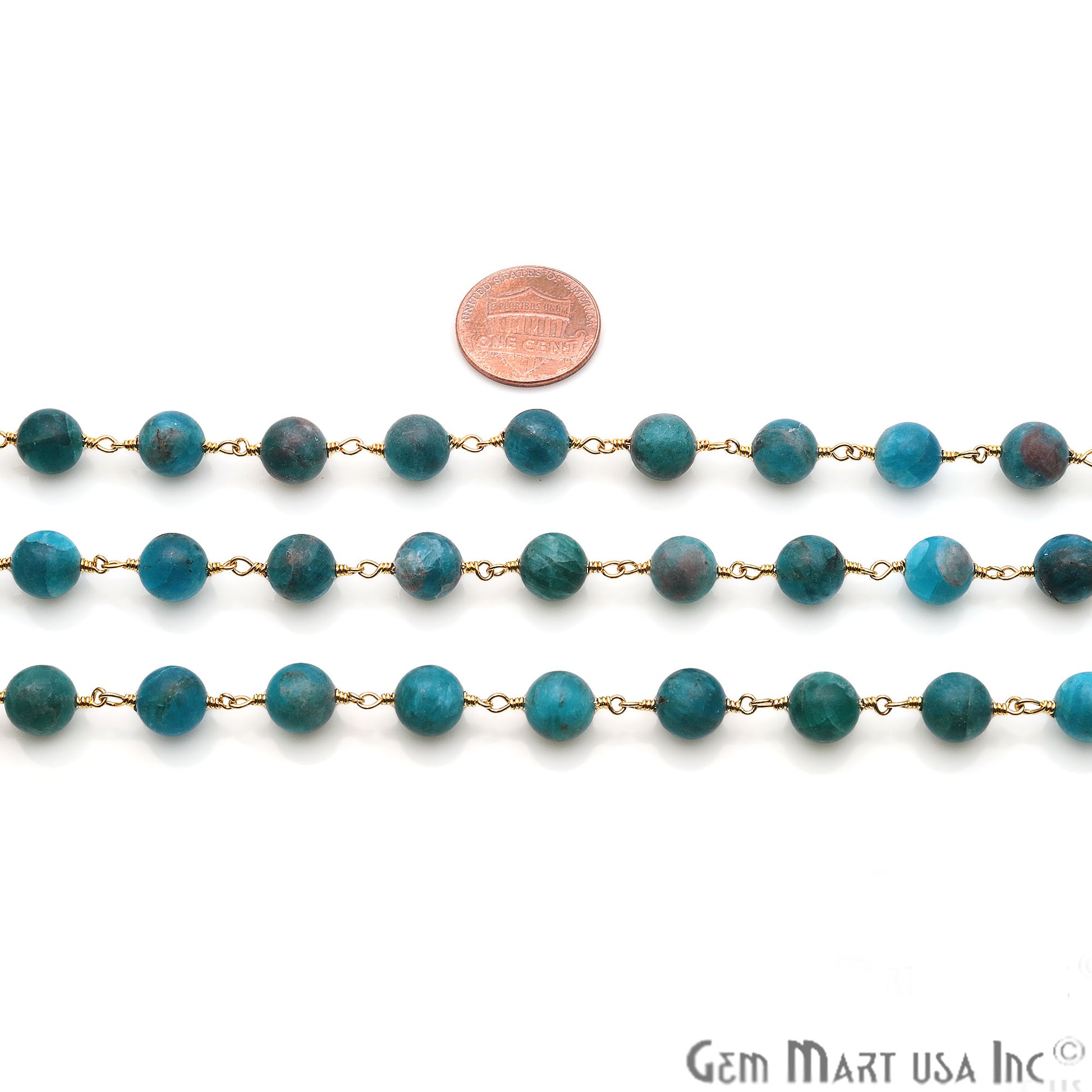 Neon Apatite Smooth Beads 8mm Gold Plated Wire Wrapped Gemstone Rosary Chain - GemMartUSA