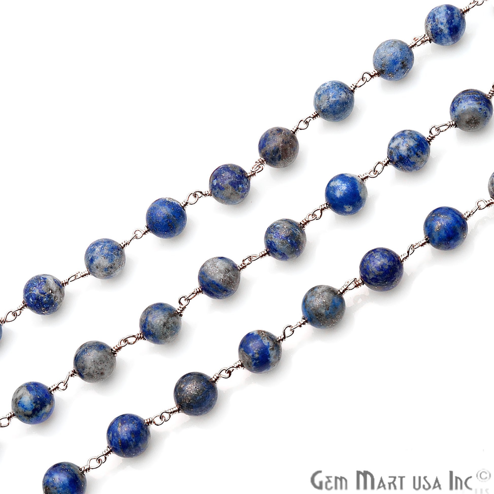 Lapis Smooth Beads 8mm Silver Plated Wire Wrapped Gemstone Rosary Chain - GemMartUSA