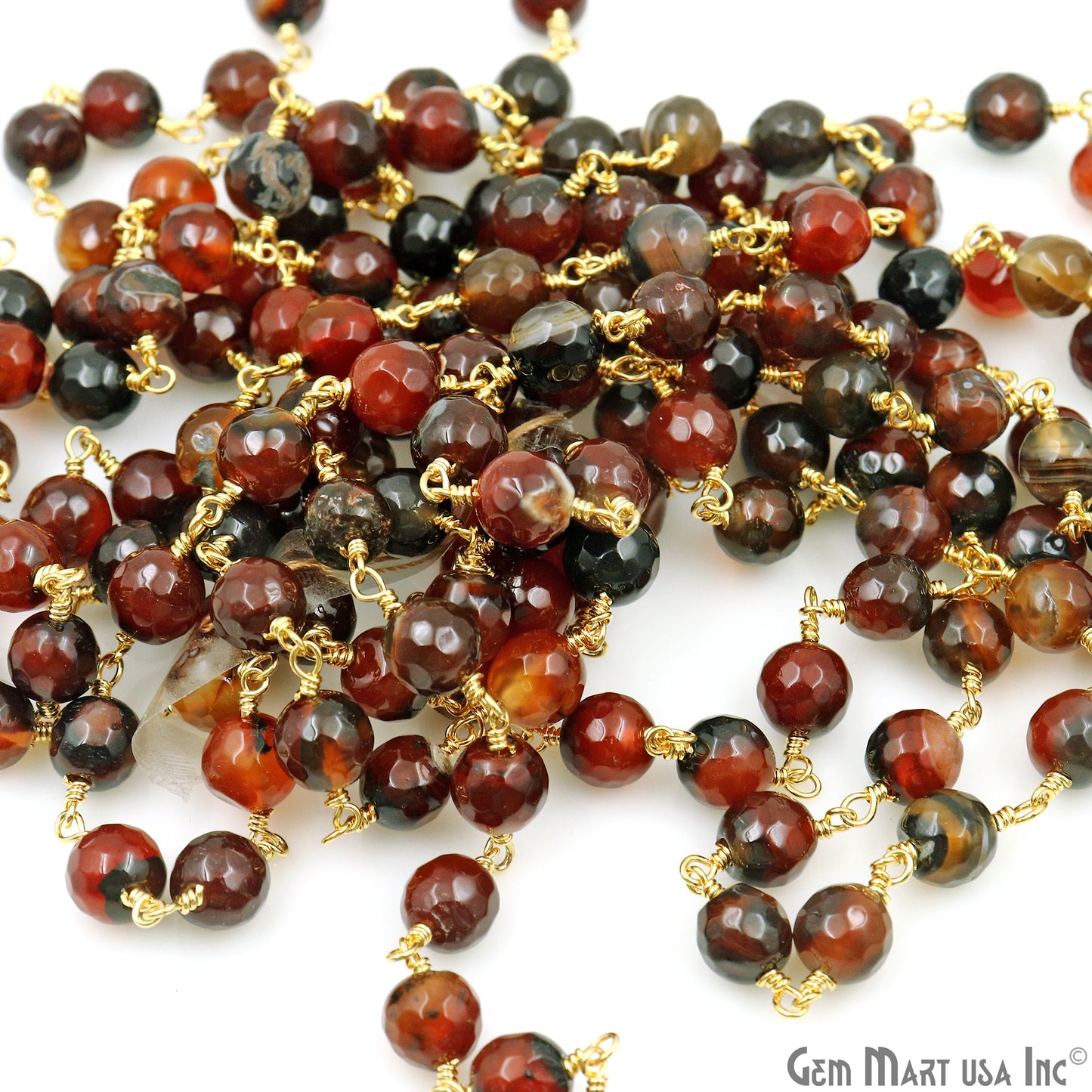 Dark Carnelian Jade Faceted 8mm Gold Plated Wire Wrapped Rosary Chain