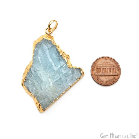 Aquamarine Free Form shape 54x38mm Gold Electroplated Gemstone Single Bail Pendant