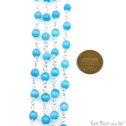 Blue Monalisa Cabochon 4mm Silver Wire Wrapped Rosary Chain