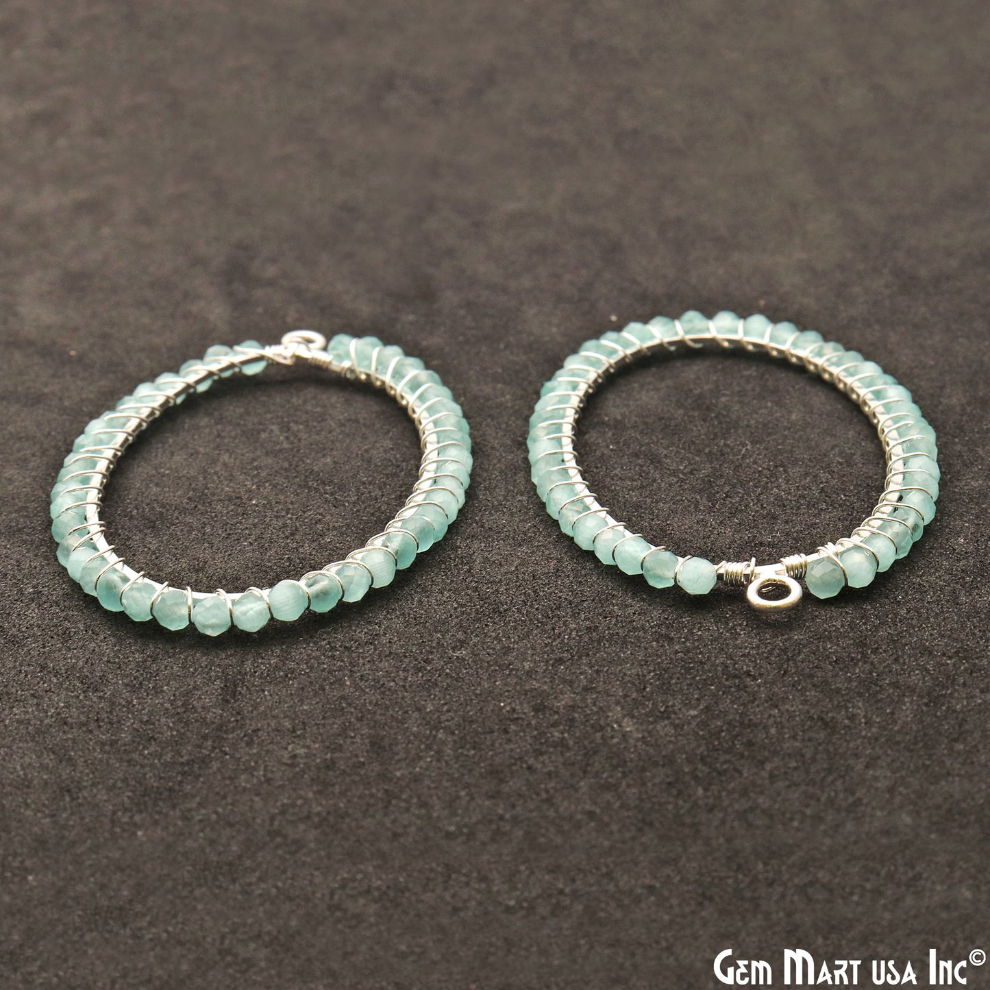 Aqua Chalcedony Oval Shape 52x35mm Silver Wire Wrapped Beads Hoop Connector