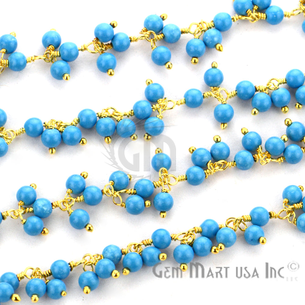 Turquoise Faceted Beads Gold Wire Wrapped Cluster Dangle Rosary Chain - GemMartUSA (764183609391)