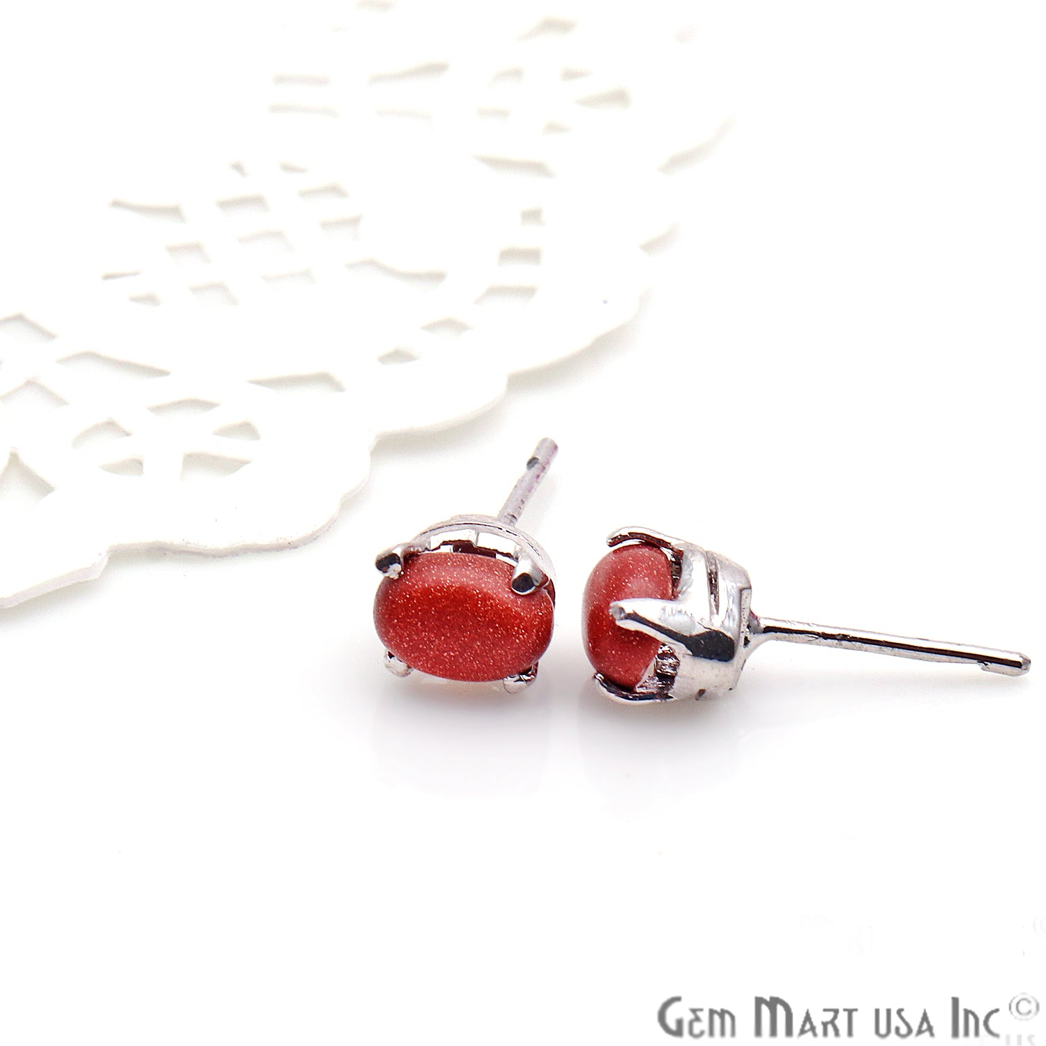 Sunstone 6x4mm Sterling Silver Oval Shape Prong Setting Stud Earring - GemMartUSA