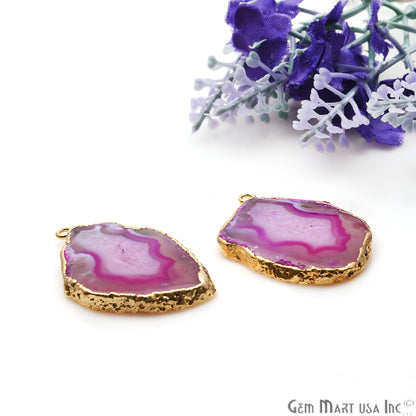 Agate Slice 36x25mm Organic Gold Electroplated Gemstone Earring Connector 1 Pair - GemMartUSA