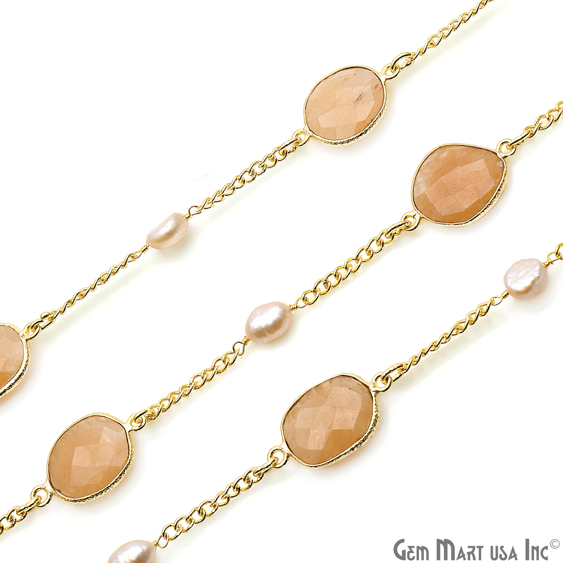 Sand Chalcedony & Pearls 10-15mm Faceted Chalcedony Gold Plated Connector Chain - GemMartUSA