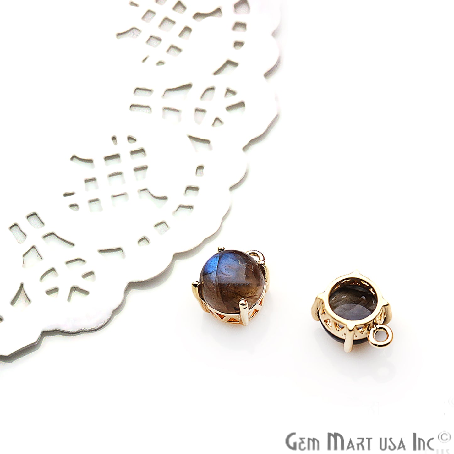 Labradorite 12x8mm Round Gold Plated Prong Setting Cabochon Connector - GemMartUSA