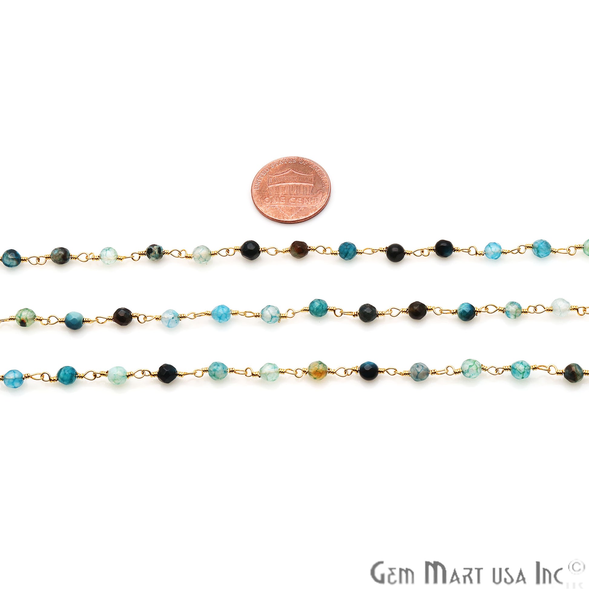 Multi Onyx Jade Faceted Beads 4mm Gold Plated Wire Wrapped Rosary Chain - GemMartUSA