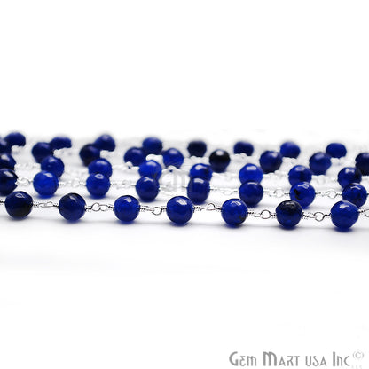 Dark Blue Jade Faceted Rondelle Beads Silver Plated Wire Wrapped Rosary Chain (763832041519)