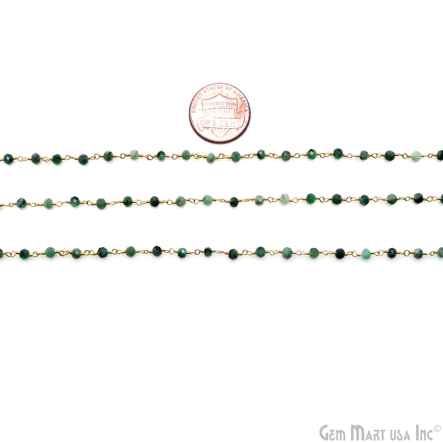 Emerald Faceted 3-3.5mm Gold Wire Wrapped Beads Rosary Chain