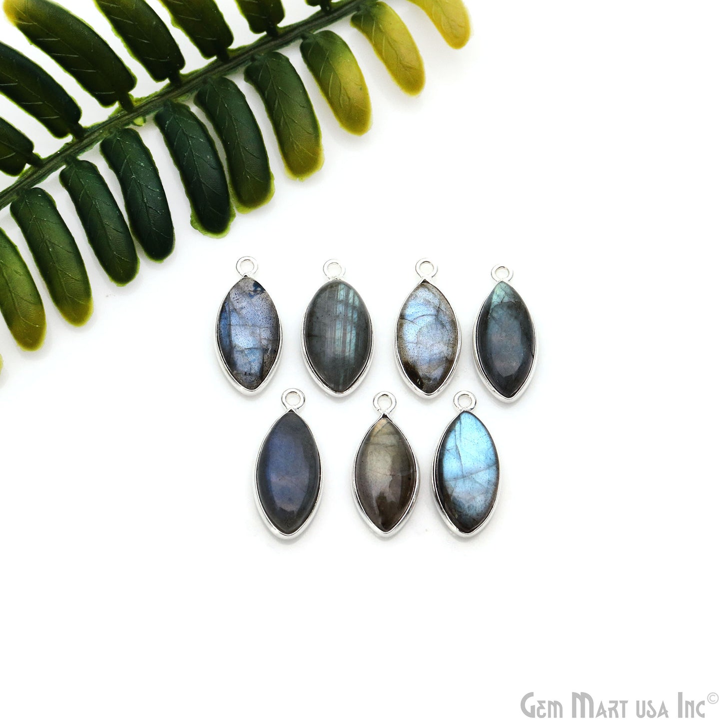 Flashy Labradorite Cabochon 8x16mm Marquise Single Bail Silver Plated Gemstone Connector