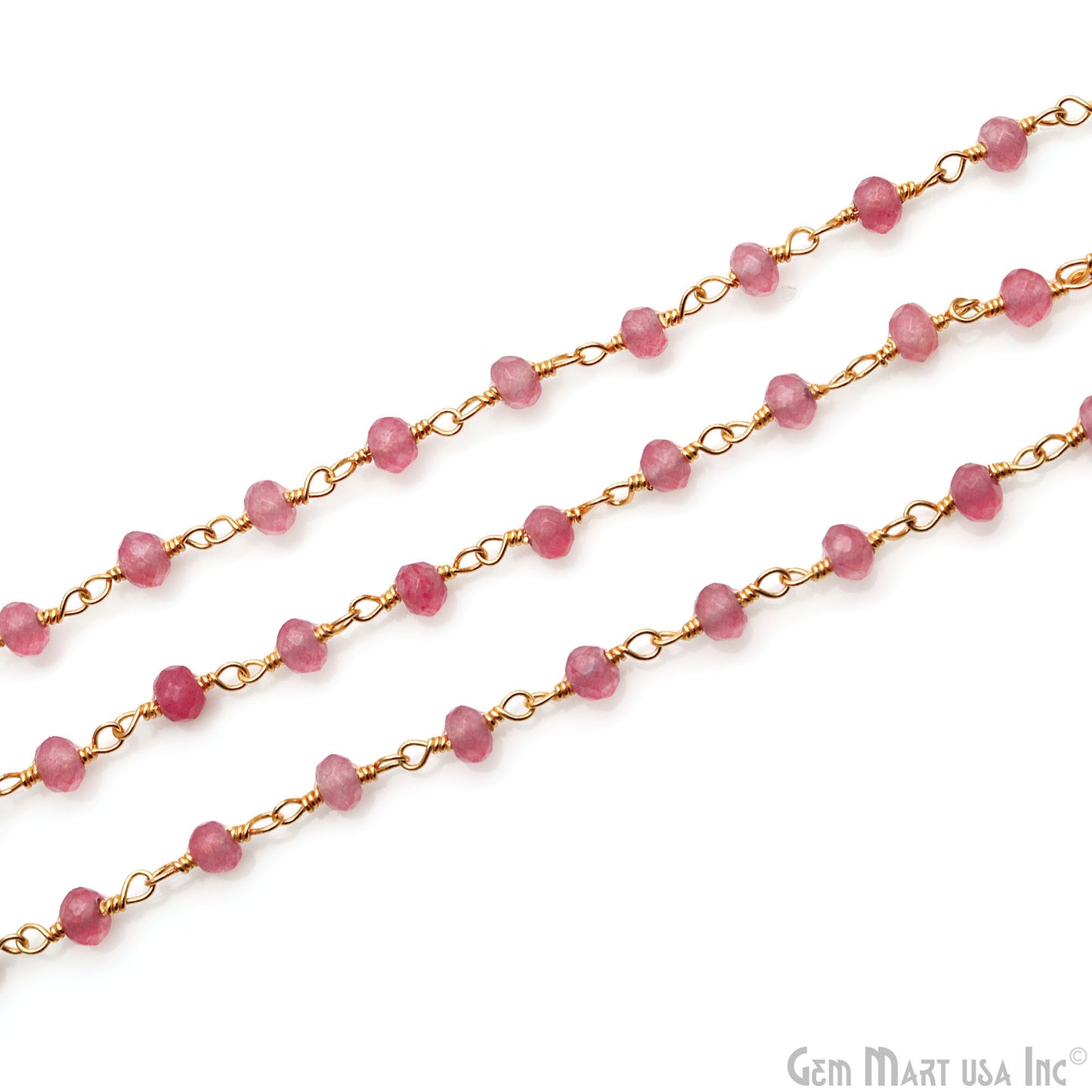 Pink Jade 4mm Faceted Beads Gold Wire Wrapped Rosary Chain