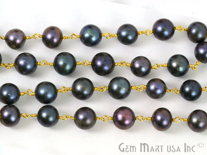 Black Pearl Gold Plated Wire Wrapped Gemstone Beads Rosary Chain - GemMartUSA (763641430063)