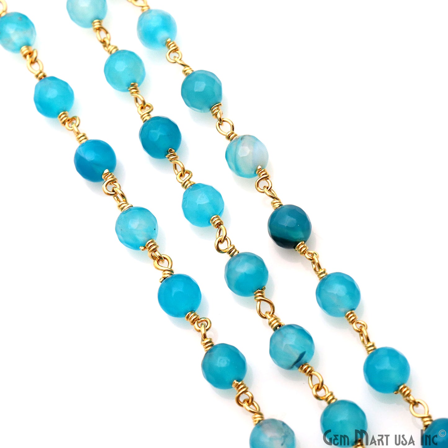 Sky Blue Jade 6mm Beads Gold Plated Wire Wrapped Rosary Chain (763737145391)