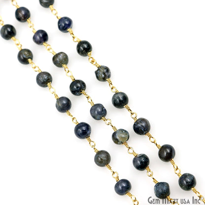 Iolite Cabochon 6-7mm Gold Wire Wrapped Rosary Chain