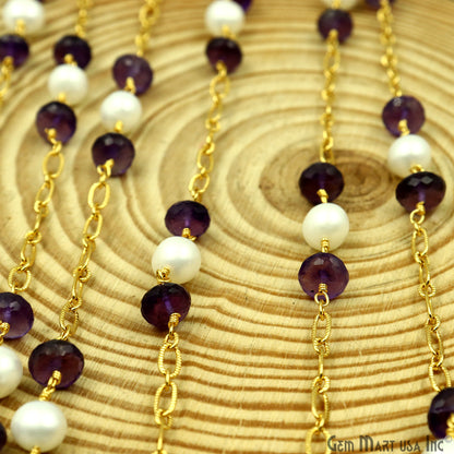 Amethyst & Pearl Round Beads Gold Plated Finding Rosary Chain