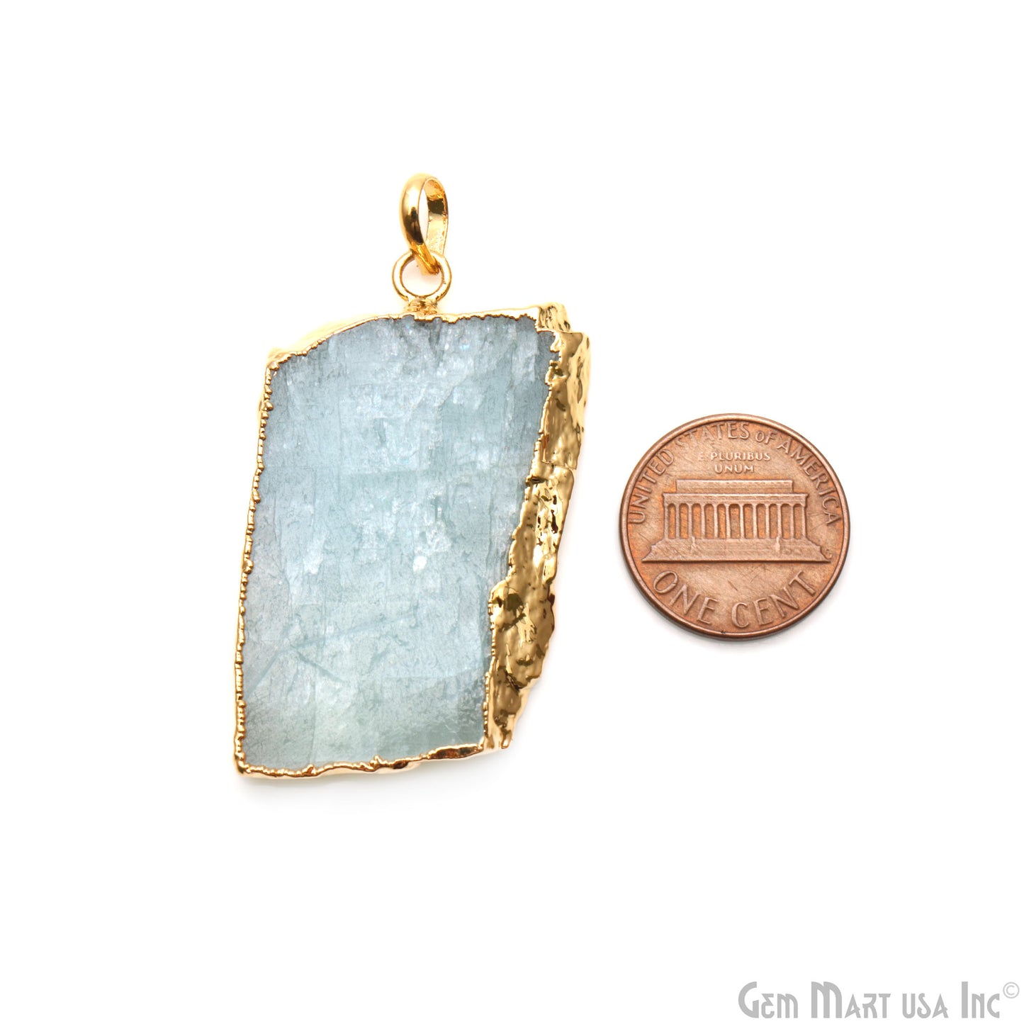 Aquamarine Free Form shape 44x26mm Gold Electroplated Gemstone Single Bail Pendant