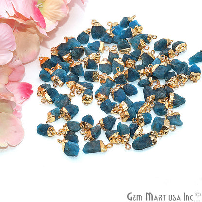 Rough Neon Apatite Gemstone 17x10mm Organic Gold Edged Single Bail Connector Charm - GemMartUSA