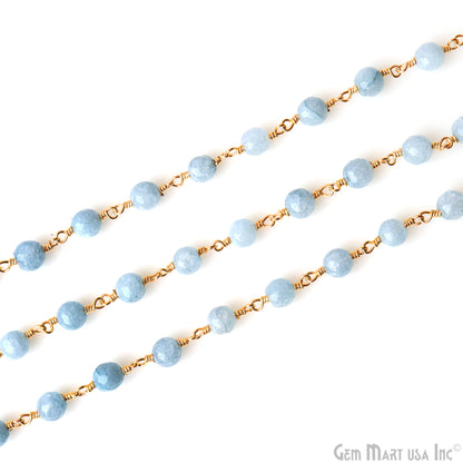 Turquoise Blue Jade 6mm Beads Gold Wire Wrapped Rosary Chain