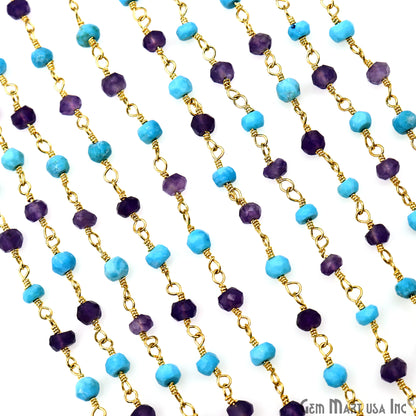 Amethyst & Turquoise 3-3.5mm Gold Plated Beaded Wire Wrapped Rosary Chain