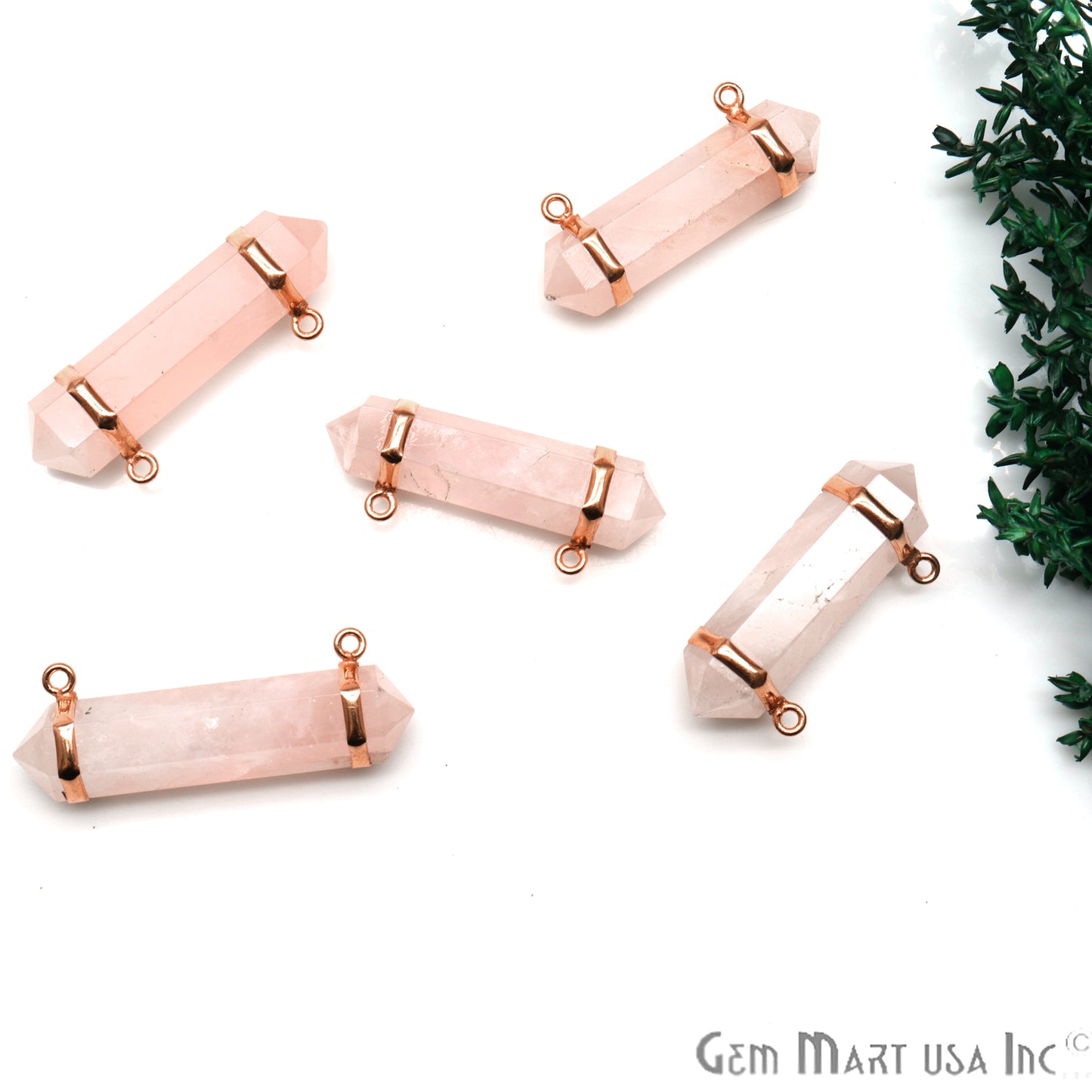 Rose Quartz 38x10mm Double Point Cat Bail Rose Gold Plated Gemstone Connector