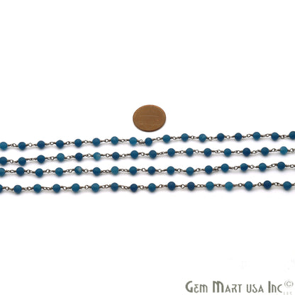 Blue Jade 4mm Round Oxidized Wire Wrapped Matte Beads Rosary Chain - GemMartUSA