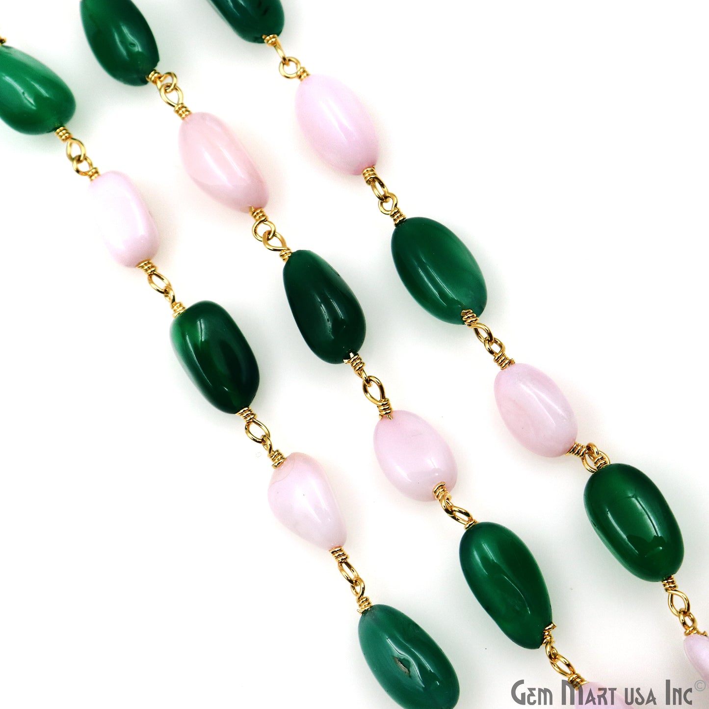 Green Onyx & Pink Opal 12x5mm Tumble Beads Gold Plated Rosary Chain