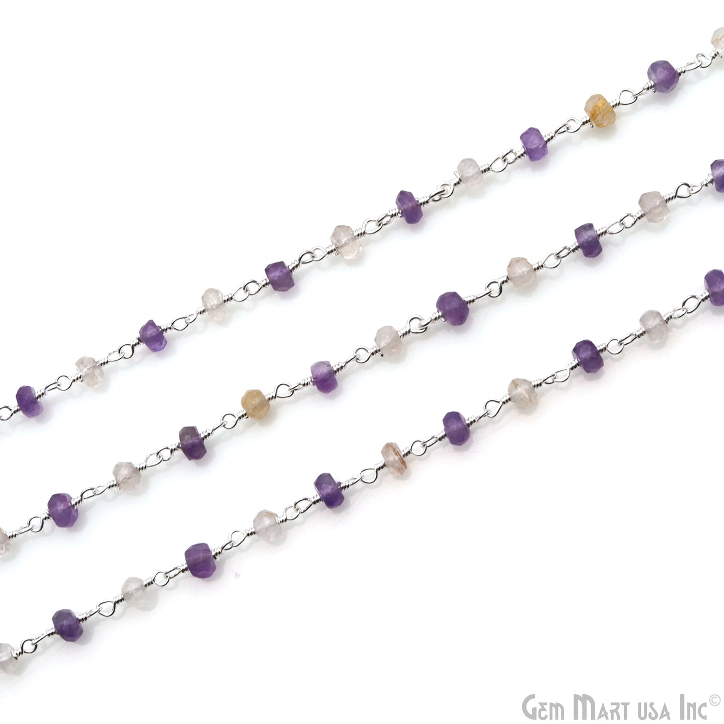 Amethyst & Golden Rutile Beads 3-3.5mm Silver Plated Wire Wrapped Rosary Chain