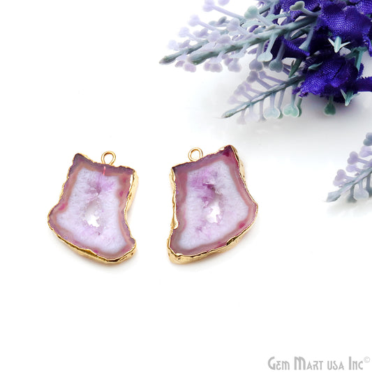 Agate Slice 25x18mm Organic  Gold Electroplated Gemstone Earring Connector 1 Pair