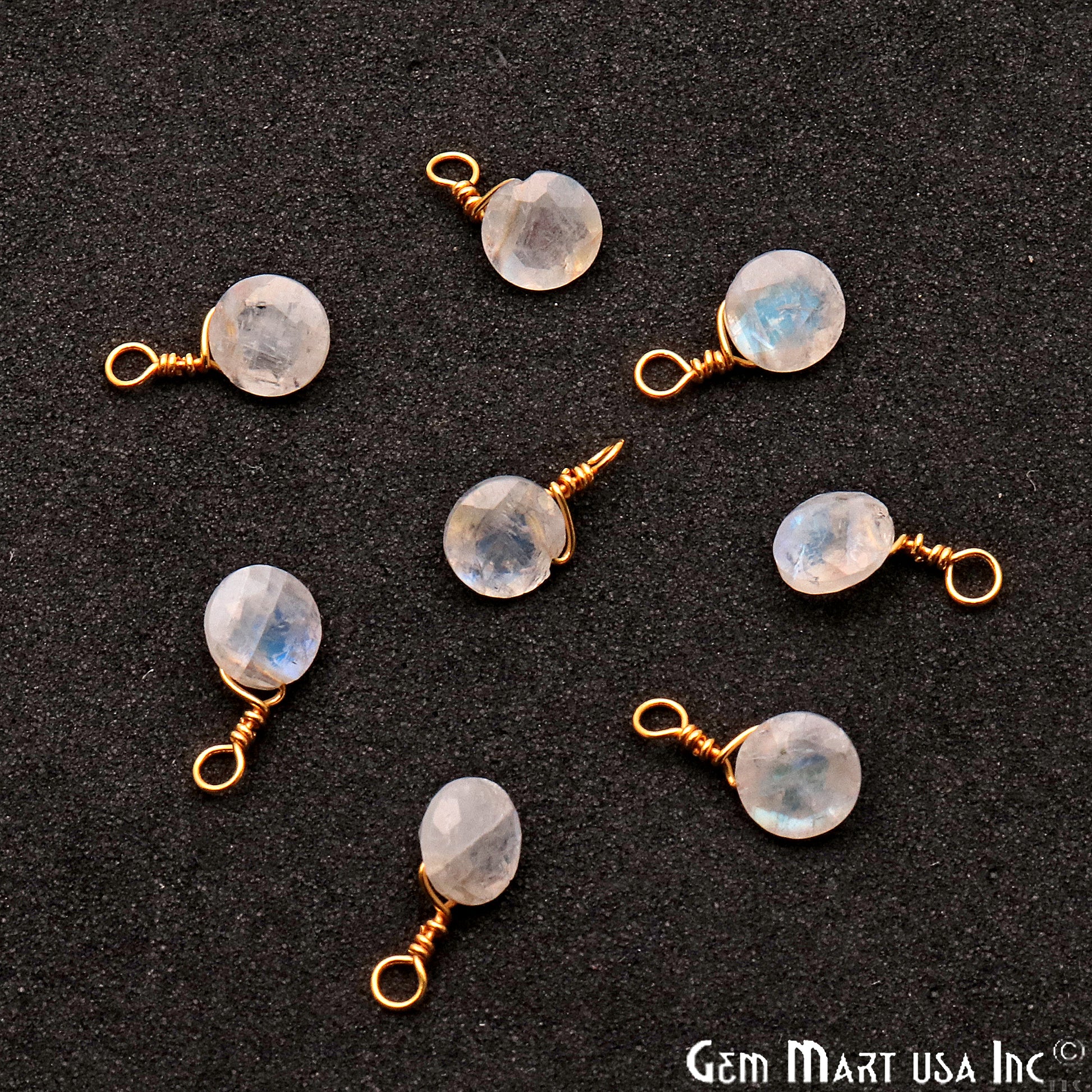 Rainbow Moonstone 6mm Round Single Bail Gold Wire Wrapped Gemstone Connector - GemMartUSA