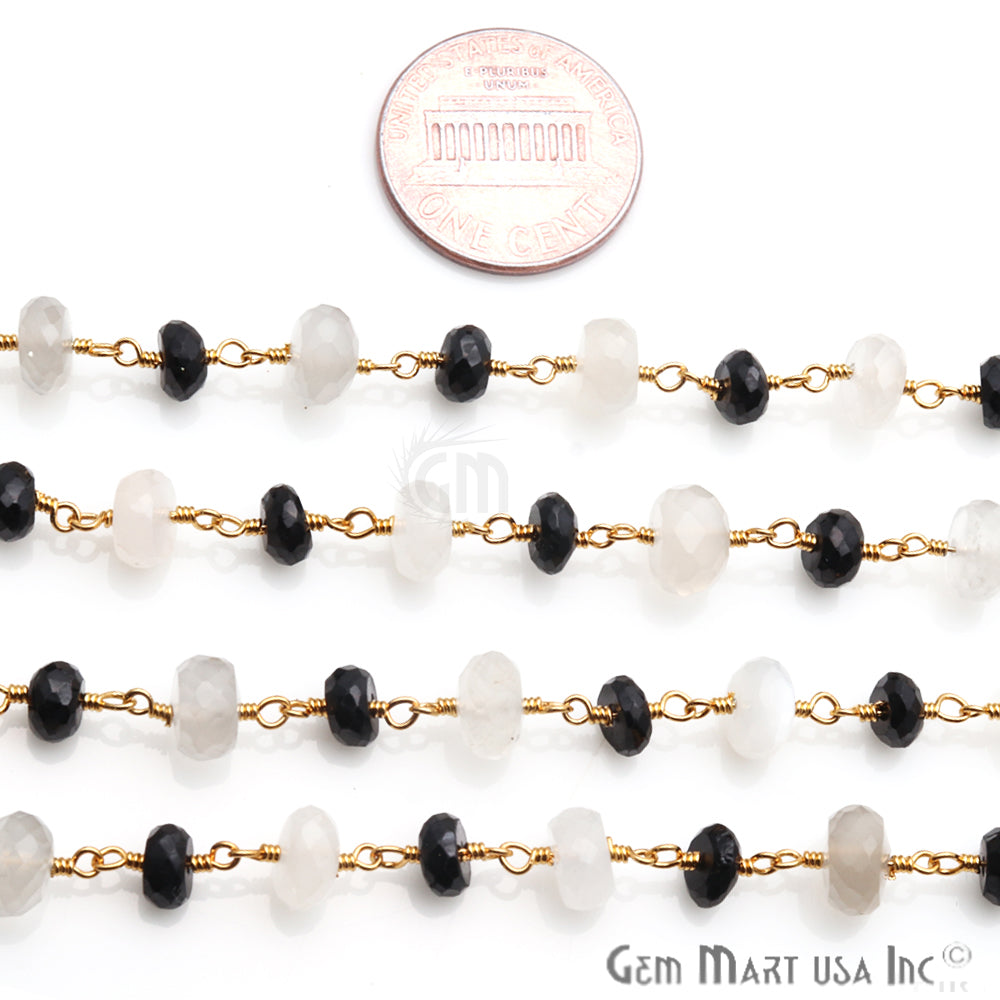 Black Spinel With White Chalcedony Beaded Gold Plated Wire Wrapped Rosary Chain - GemMartUSA