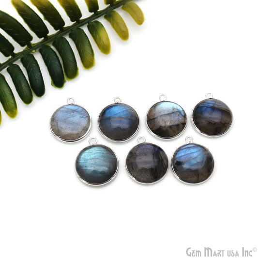 Flashy Labradorite Cabochon 16mm Round Single Bail Silver Plated Gemstone Connector