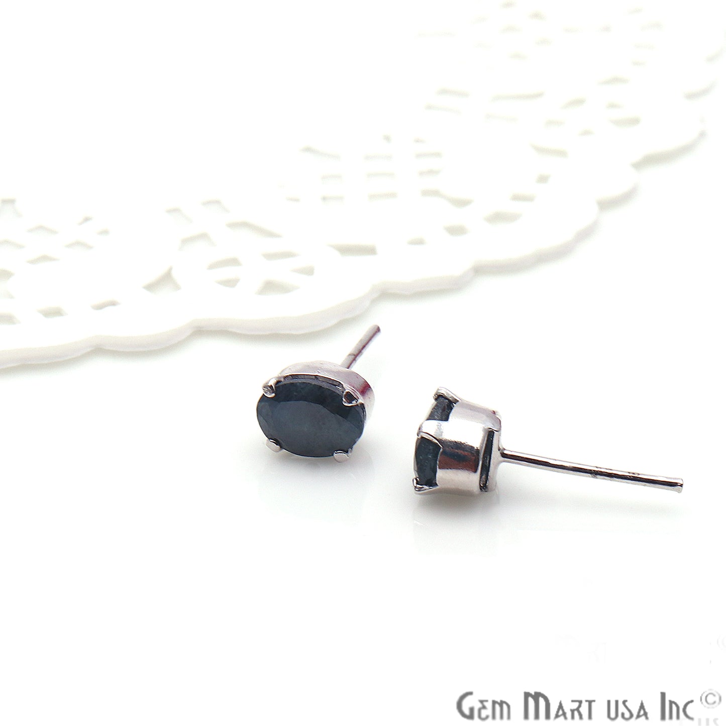 Black Sapphire 5x7mm Sterling Silver Prong Setting Oval Shape Stud Earring - GemMartUSA