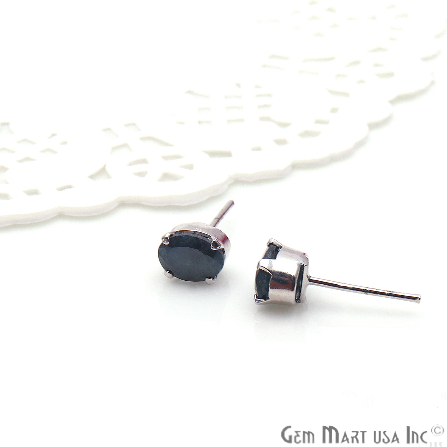 Black Sapphire 5x7mm Sterling Silver Prong Setting Oval Shape Stud Earring - GemMartUSA