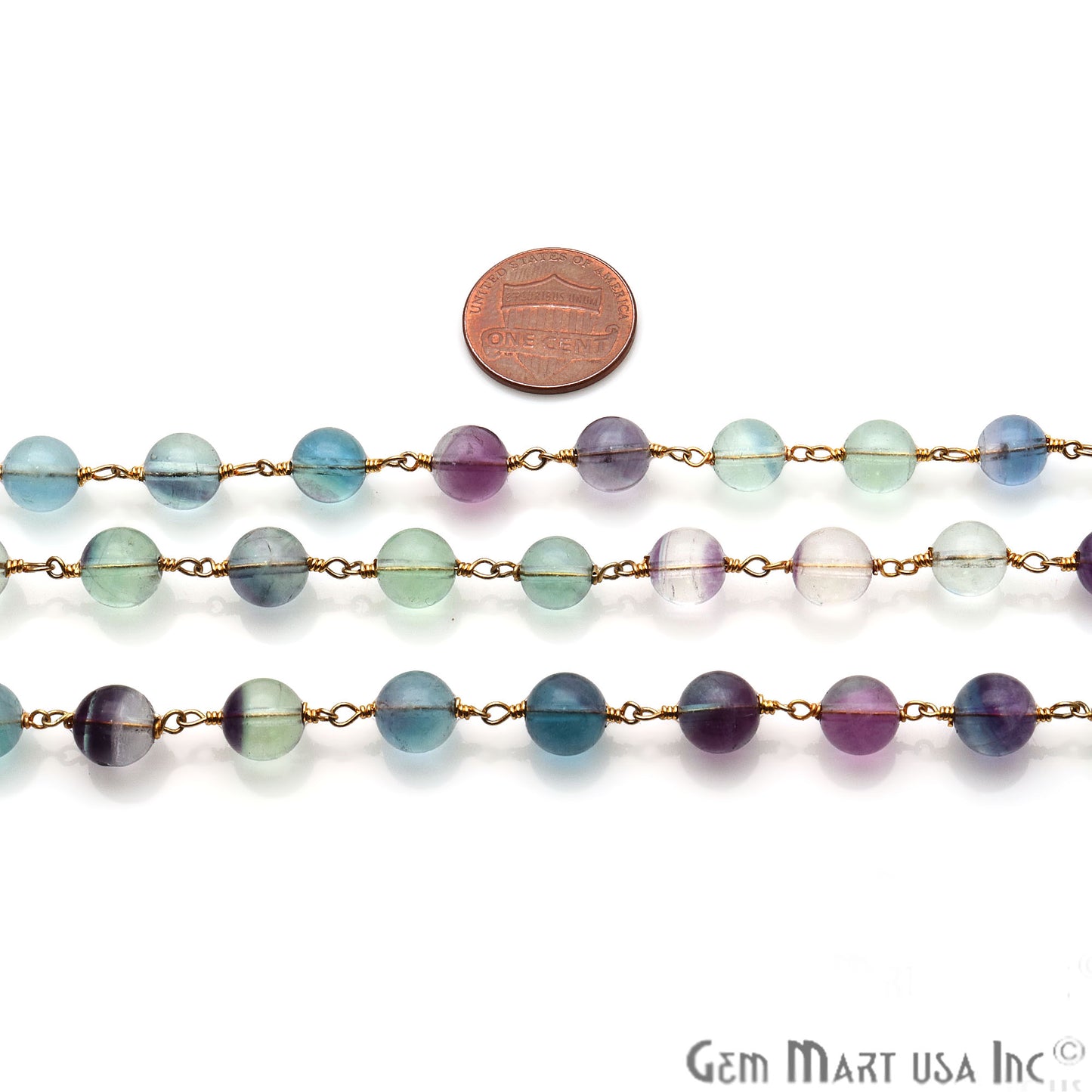 Fluorite 7-8mm Gold Plated Wire Wrapped Rondelle Rosary Chain - GemMartUSA