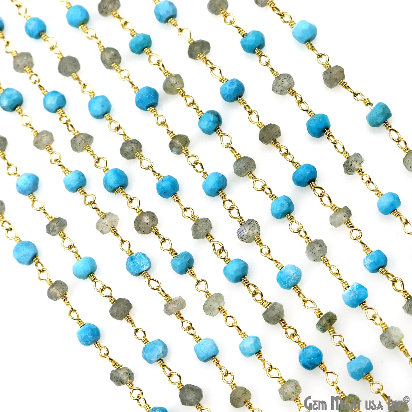 Turquoise & Labradorite 3-3.5mm Gold Plated Faceted Beads Wire Wrapped Rosary Chain