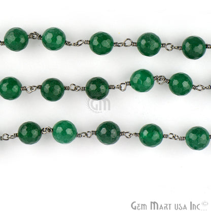 Green Jade Faceted Beads 8mm Oxidized Wire Wrapped Rosary Chain