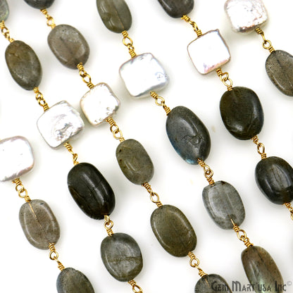 Labradorite & Pearl Tumble Beads Gold Plated Rosary Chain