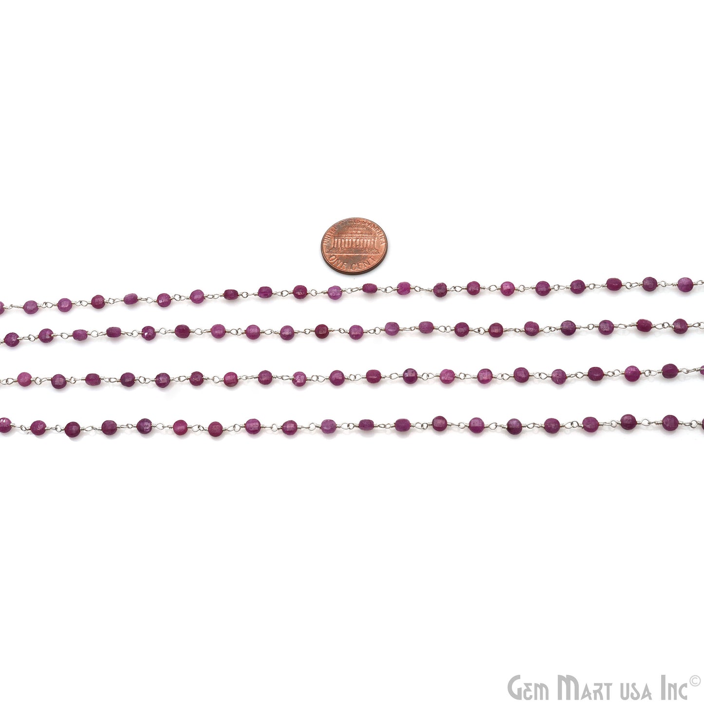 Natural Ruby Faceted Coin 3-4mm Silver Wire Wrapped Rosary Chain