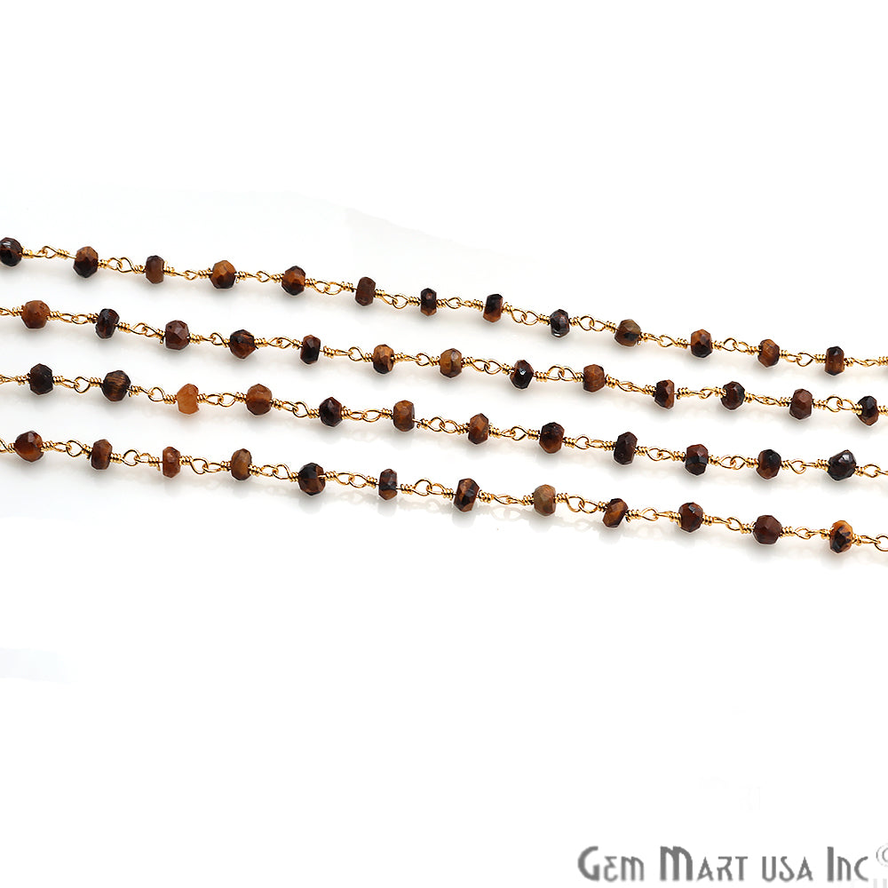 Tiger Eye Gemstone Beads 3-3.5mm Gold Wire Wrapped Rosary Chain - GemMartUSA