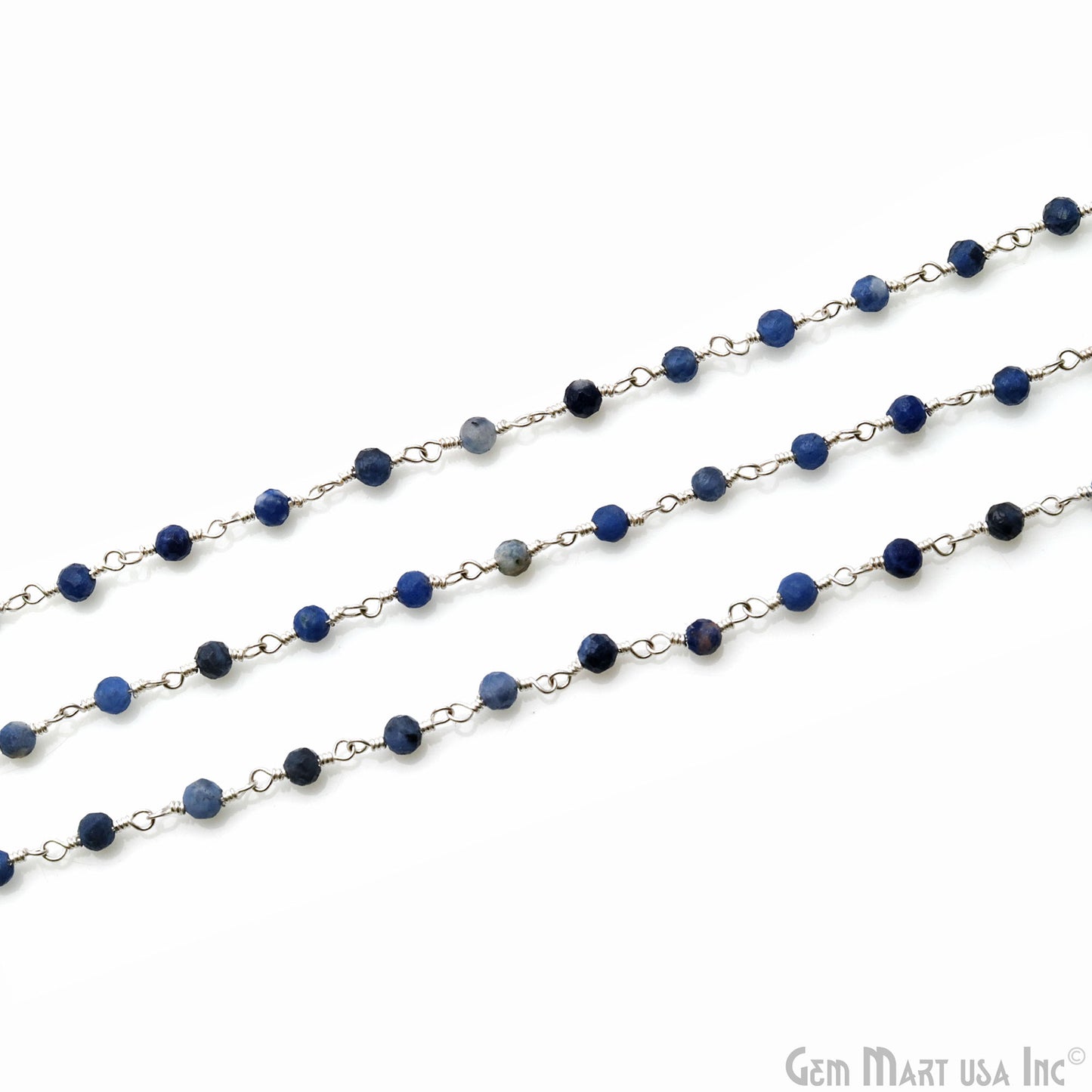 Sodalite Faceted Beads 3-3.5mm Silver Plated Wire Wrapped Rosary Chain