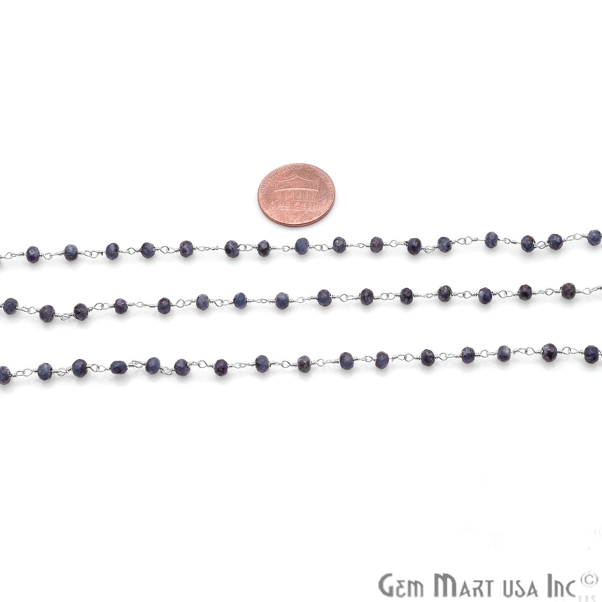 Sodalite Jade Faceted Beads 4mm Silver Plated Wire Wrapped Rosary Chain - GemMartUSA