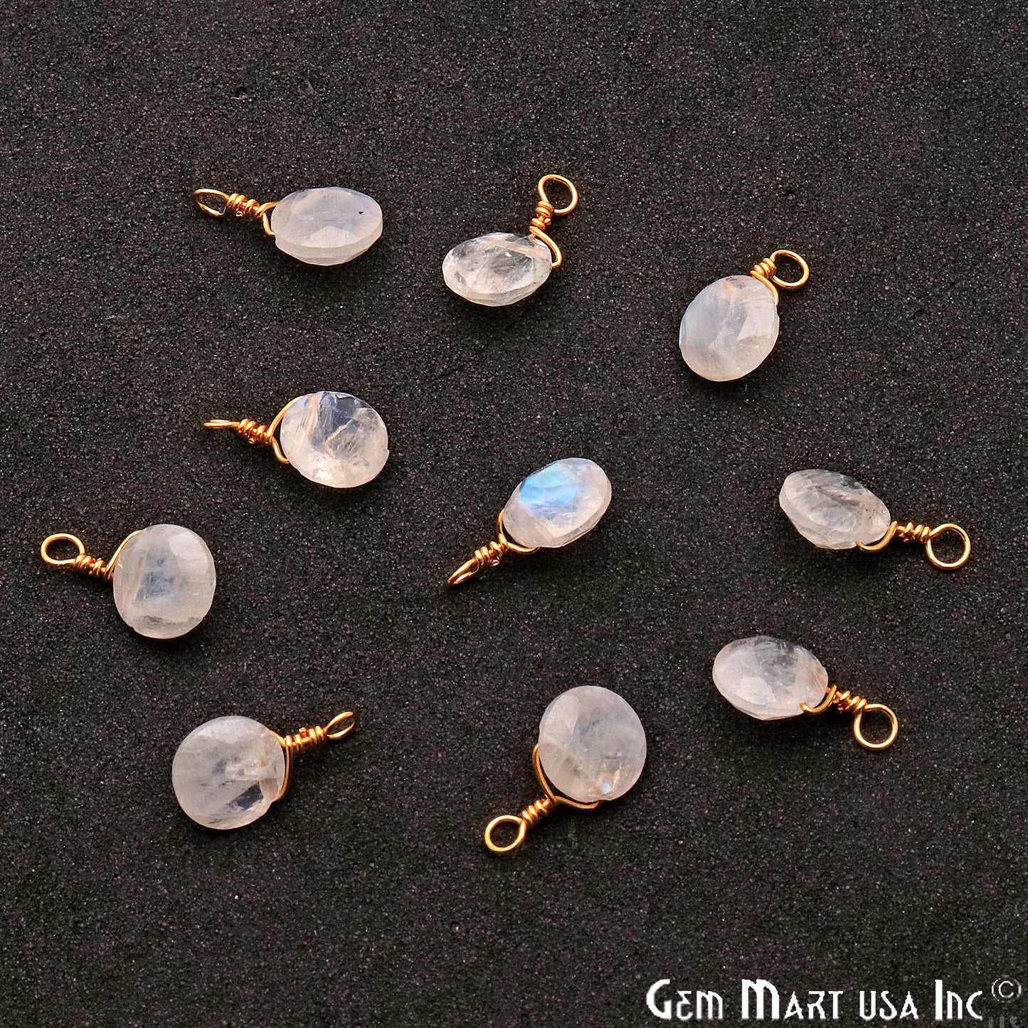 Rainbow Moonstone 7mm Round Single Bail Gold Wire Wrapped Gemstone Connector - GemMartUSA