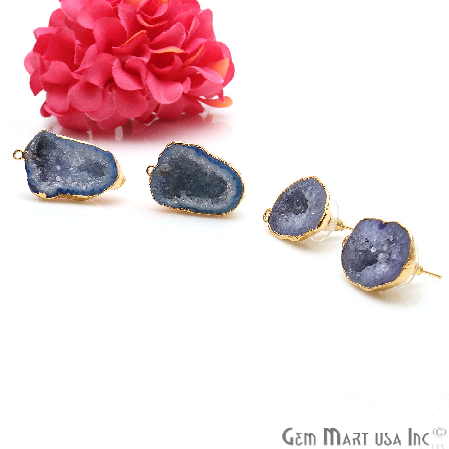 DIY Agate Slice Geode Druzy 16x30mm Gold Electroplated Loop Connector Studs Earrings - GemMartUSA