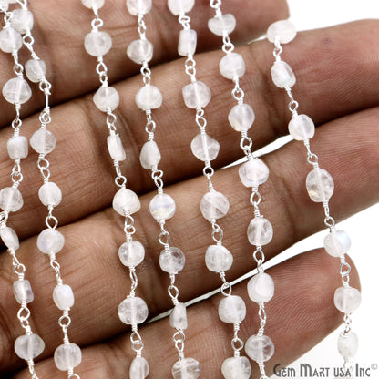 Rainbow Moonstone Faceted Coin Shape 3-4mm Silver Wire Wrapped Rosary Chain