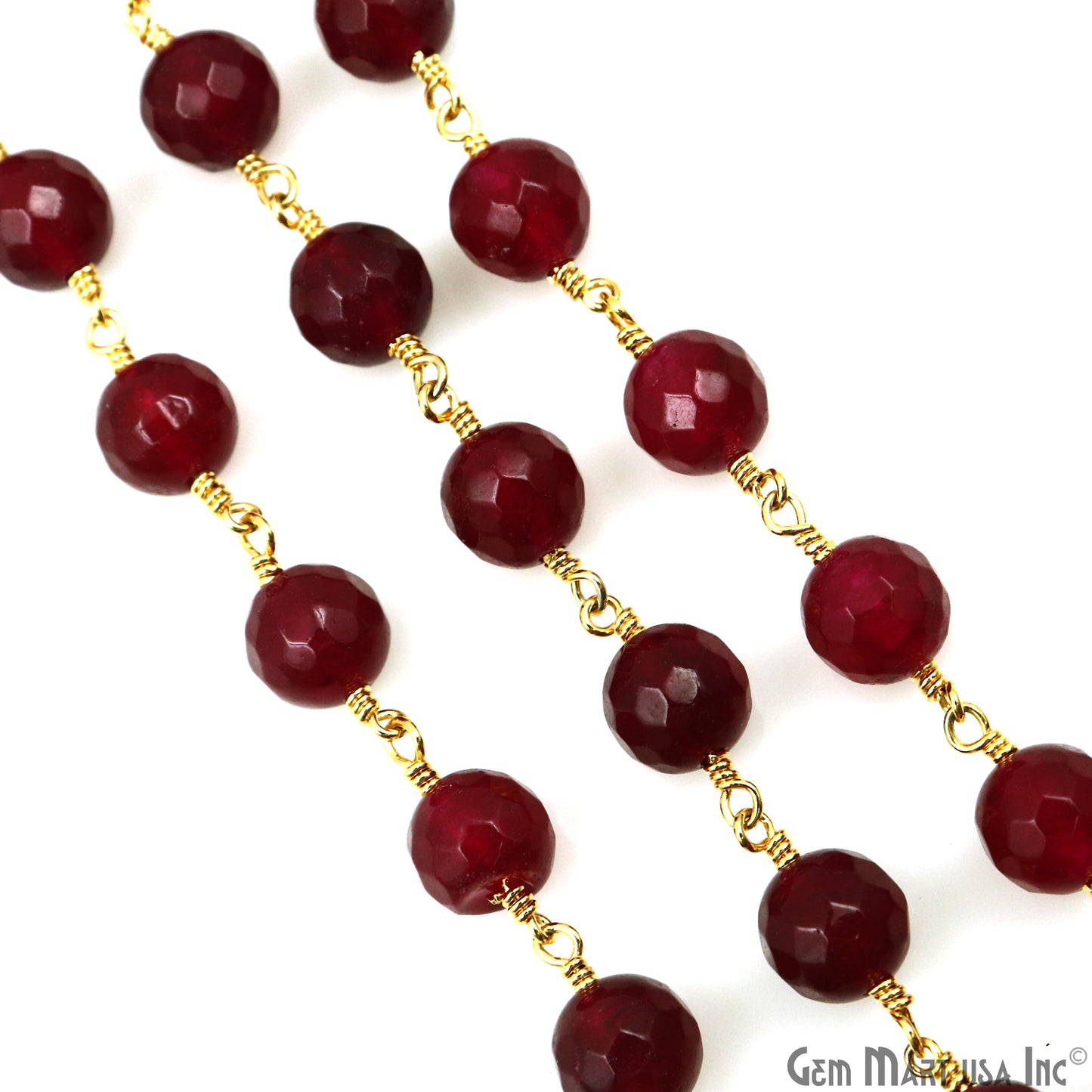 Pink Tourmaline Jade Faceted 8mm Gold Plated Wire Wrapped Rosary Chain