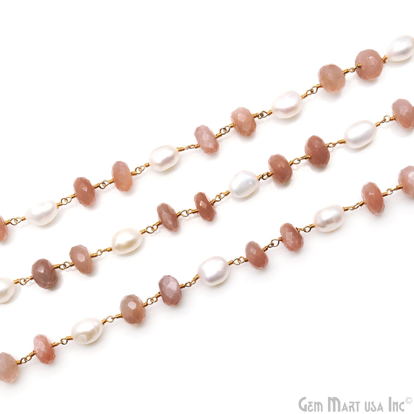 Peach Moonstone & Pearl Faceted 10-11mm Beads Gold Plated Wire Wrapped Rosary Chain