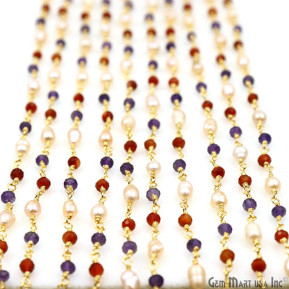 Multistone Faceted Beads With Pearl 3-3.5mm Gold Plated Wire Wrapped Beads Rosary Chain